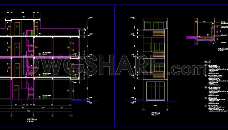 Drawing Of 3-Story House A Complete Project 4m x 13.6m For Download