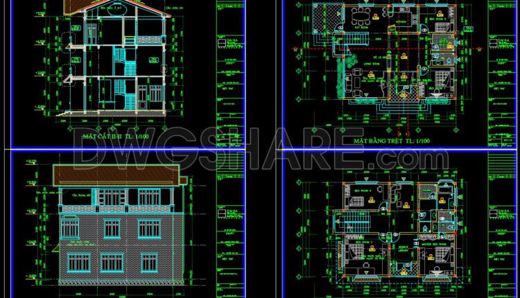 Drawings Of 3-Story House A Complete Project 10m x 12m For Download