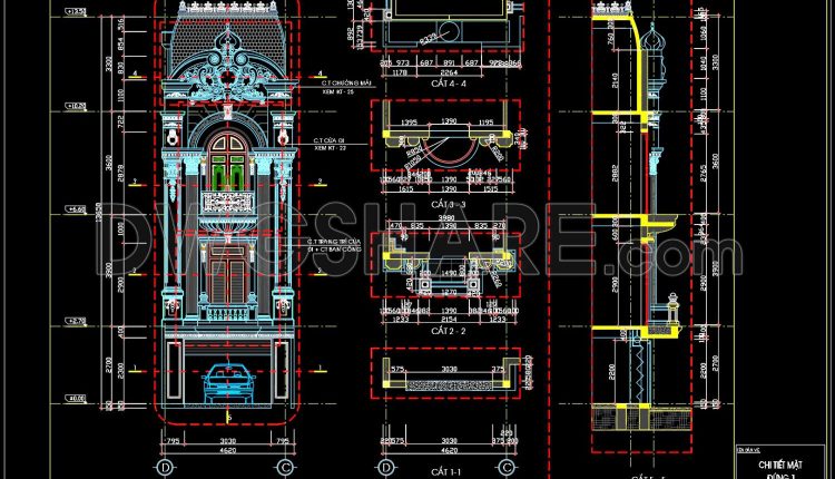 146.Detailed AutoCAD drawings of vertical facades in classical architecture