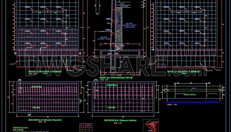 78.Autocad Drawings Of Retaining Wall Concrete Reinforcement Details For Download