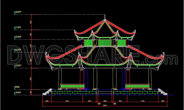24.Autocad architectural design drawing of an octagonal Asian-style house