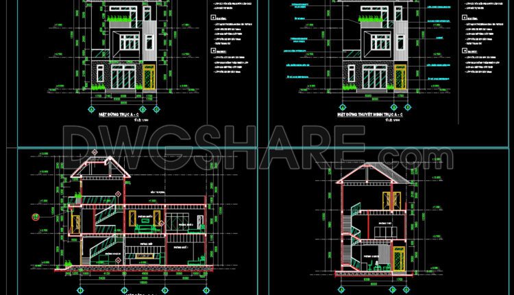 Autocad Drawings Of 3-Story Modern House 10m x25m For Download