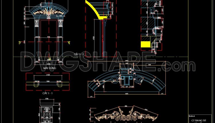 151.Free download of detailed autocad architectural drawings of column heads and balcony windows