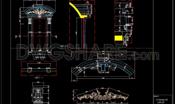 151.Free download of detailed autocad architectural drawings of column heads and balcony windows