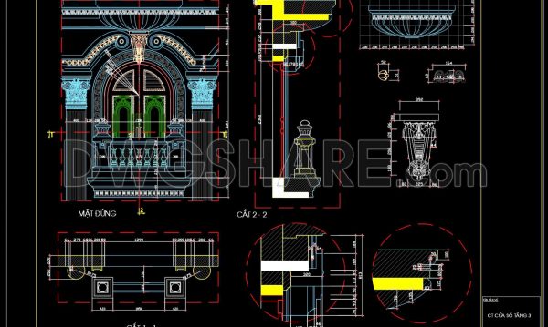 153.Free download of detailed autocad architectural drawings of column heads and balcony windows