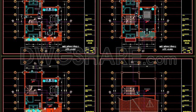 Autocad Drawing Of 3-Story House Plans, Elevations And Sections 8.2x9m For Download