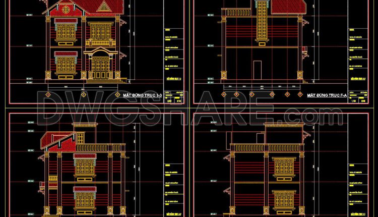 Autocad Drawing Of 3-Story House Plans, Elevations And Sections 8.2x9m For Download