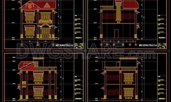 Autocad Drawing Of 3-Story House Plans, Elevations And Sections 8.2x9m For Download