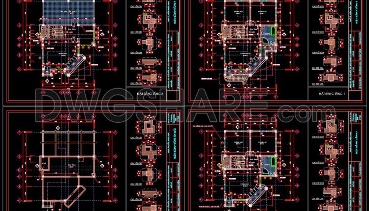 Autocad Drawing Of 4-Story House Plans, Elevations And Sections 10.5x14m For Download