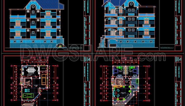 Autocad Drawing Of 4-Story House Plans, Elevations And Sections 10.5x14m For Download