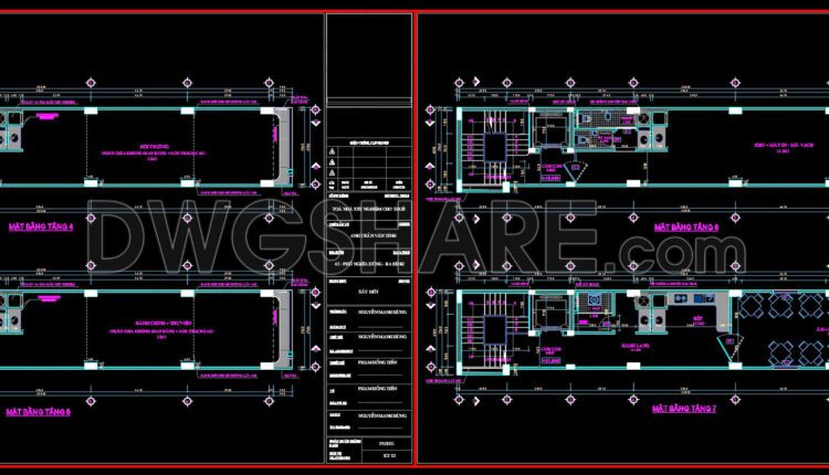 Autocad detailed design drawing of a 7-story building for rent with an area of 80m2 available for download