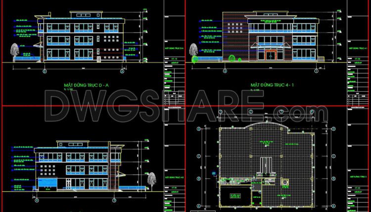 Autocad detailed design drawings of a 3-story shopping center with an area of 25m x 30m for download