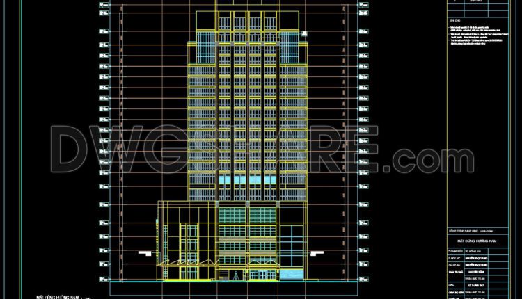 Autocad detailed elevation drawing of a 21-story twin tower commercial center available for download