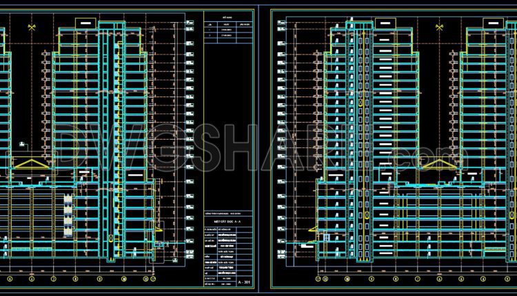 Autocad detailed section drawing of a 21-story twin tower commercial center available for download