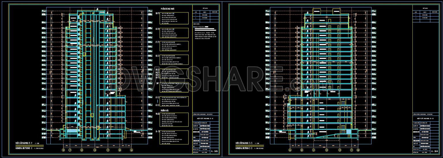 Autocad detailed section drawing of a 21story twin tower commercial
