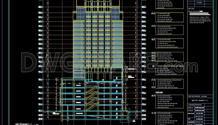 Autocad detailed section drawing of a 21-story twin tower commercial center available for download