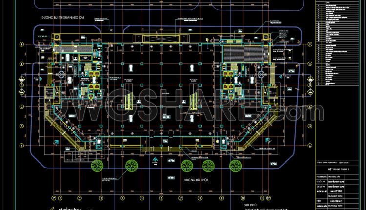 Autocad floor plans of the basement levels of the commercial center building available for download