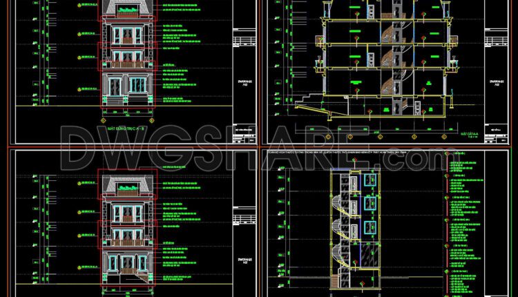 Drawings Of 4-Story House A Complete Project 7.5mx24.5m For Download