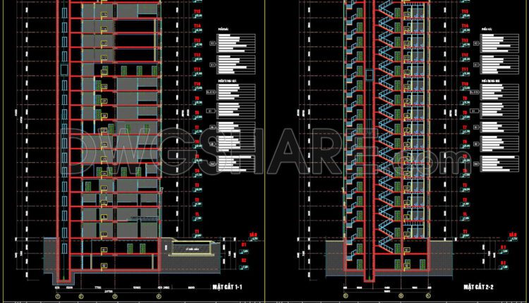 The Autocad drawings of a 15-story office building design with an area of 19.6m x 23.7m