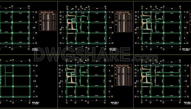 The Autocad drawings of a 15-story office building design with an area of 19.6m x 23.7m