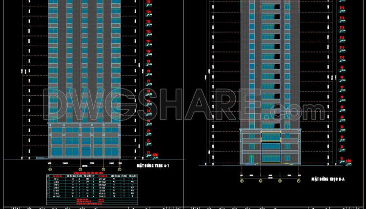 The Autocad drawings of a 15-story office building design with an area of 19.6m x 23.7m