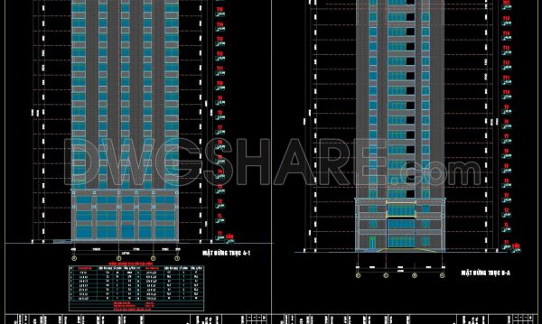 The Autocad drawings of a 15-story office building design with an area of 19.6m x 23.7m
