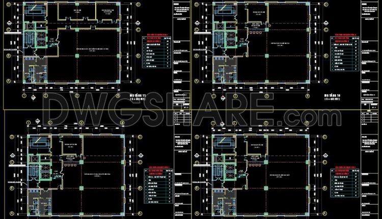 The Autocad drawings of a 15-story office building design with an area of 19.6m x 23.7m