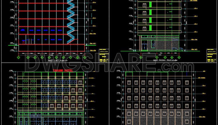 The Autocad drawings of a 5-story hotel design with an area of 15m x 28m