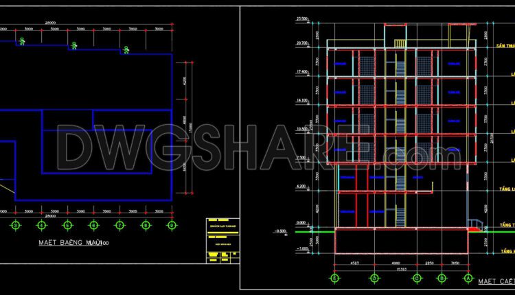 The Autocad drawings of a 5-story hotel design with an area of 15m x 28m