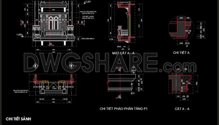 174.Detailed AutoCAD drawings of vertical elevations and classic balconies