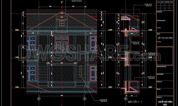 178.Autocad drawing of detailed vertical facade, roof gutter drainage details for download