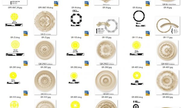 42 models of gypsum ceiling medallions, arches, and semi-circular components in CAD drawings