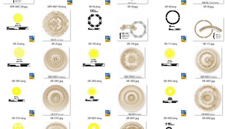 42 models of gypsum ceiling medallions, arches, and semi-circular components in CAD drawings
