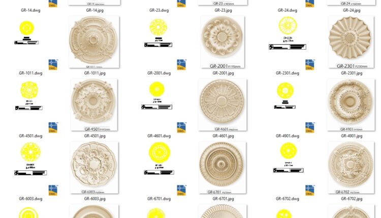 42 models of gypsum ceiling medallions, arches, and semi-circular components in CAD drawings