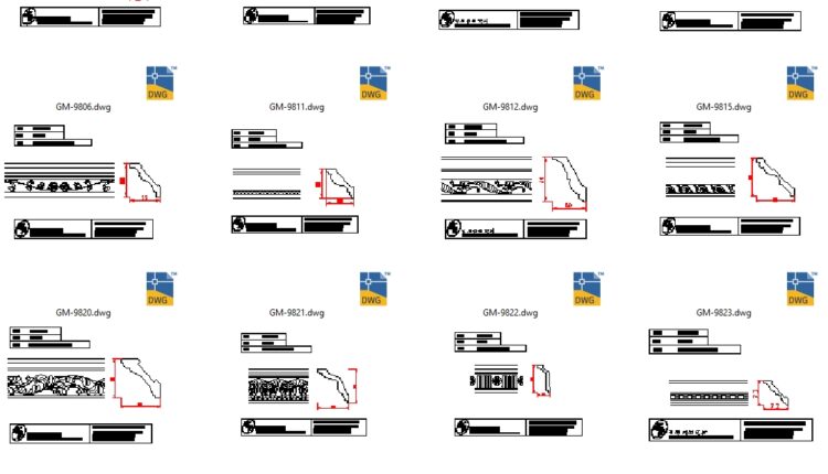 45 models of gypsum cornices and gypsum components in CAD drawings