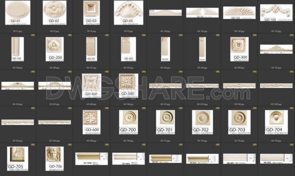 58 models of gypsum components, Roman column capitals, waist lines, and carved flowers in CAD drawings
