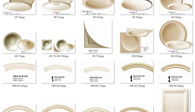 60 models of gypsum ceiling medallions, arches, and semi-circular components in CAD drawings