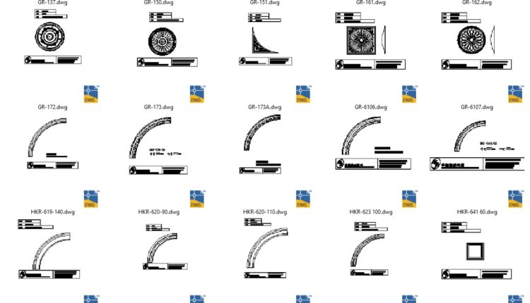 60 models of gypsum ceiling medallions, arches, and semi-circular components in CAD drawings