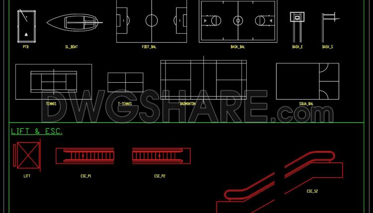 8.Autocad Drawing Of Football field, basketball court, tennis court, pool table For Download