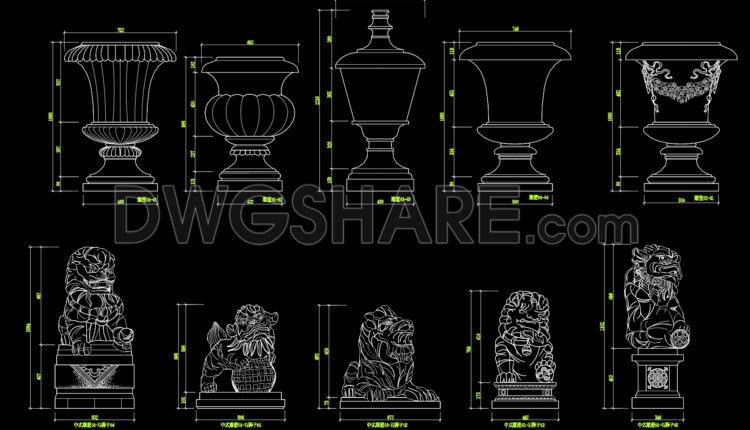 143.Autocad detailed drawings of various types of water fountains and stone lion statues for download
