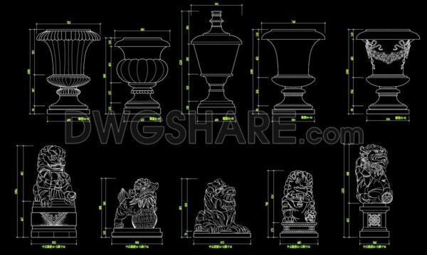 143.Autocad detailed drawings of various types of water fountains and stone lion statues for download
