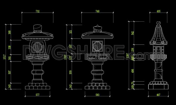 144.Autocad detailed drawings of various types of garden stone lights for download