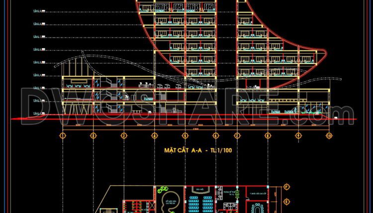 The Autocad drawings of a 18-story hotel design with an area of 46.3m x 87.6m