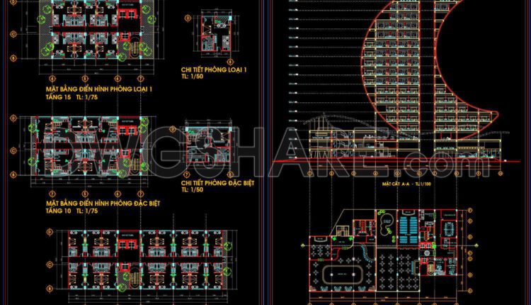 The Autocad drawings of a 18-story hotel design with an area of 46.3m x 87.6m