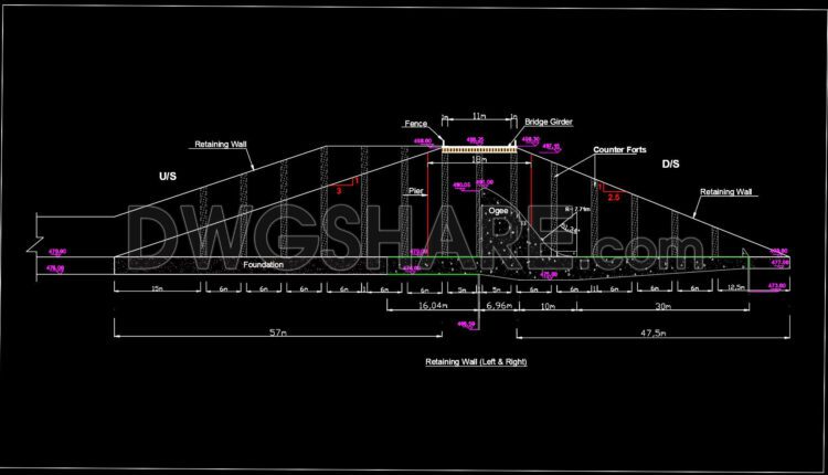 109.Autocad Drawing Of Retaining Wall Of Spillway Side Detail For Download