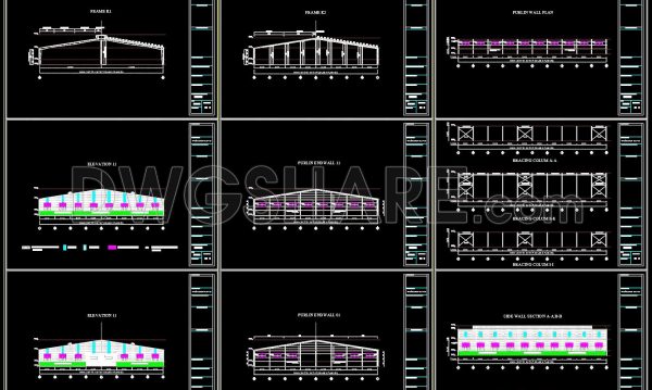 49.Autocad Drawings Of Steel Factory Plan, Sections and Elevation 50m x 60m For Download