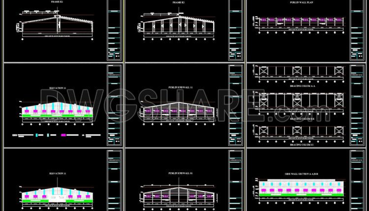 49.Autocad Drawings Of Steel Factory Plan, Sections and Elevation 50m x 60m For Download