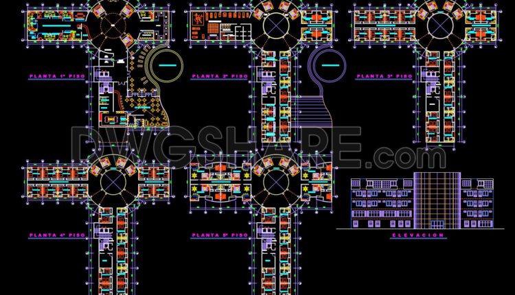CAD drawing for the design of the functional layout of a 5-story hotel