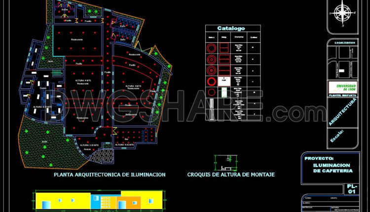CAD drawing for the design of the lighting layout for a single-story restaurant
