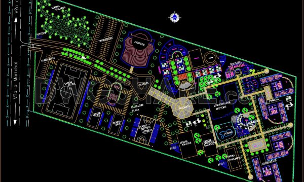 CAD layout plan of the functional arrangement for an integrated center with entertainment, recreational, and dining facilities